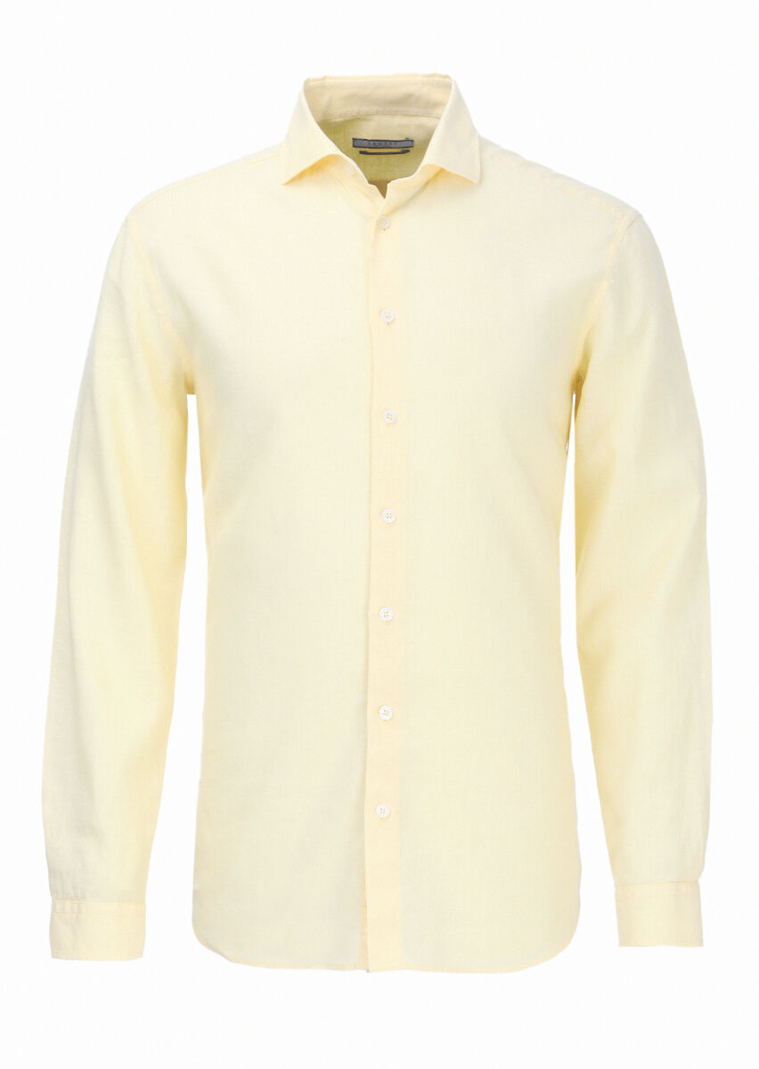 Yellow Plain Regular Fit Long Weaving Casual Cotton Blended Shirt - 1