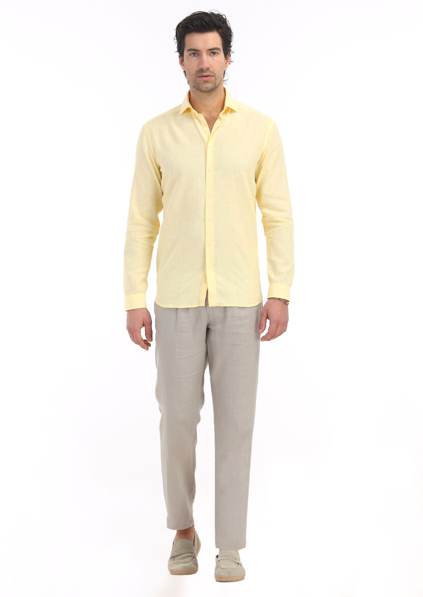 Yellow Plain Regular Fit Weaving Casual Cotton Blended Shirt 