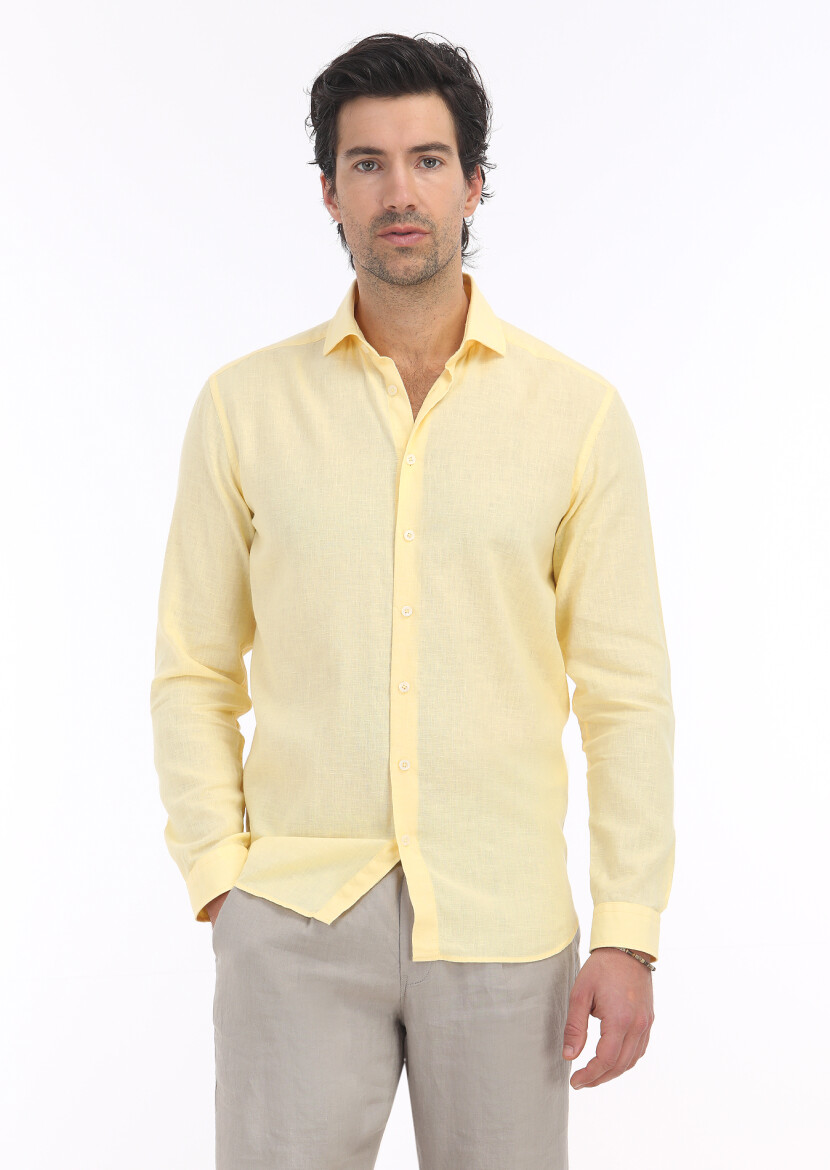 Yellow Plain Regular Fit Weaving Casual Cotton Blended Shirt - 2