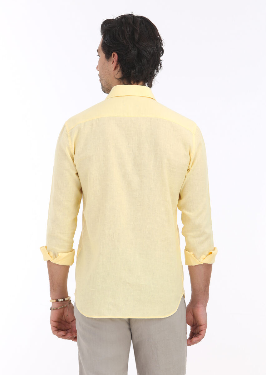 Yellow Plain Regular Fit Weaving Casual Cotton Blended Shirt - 4