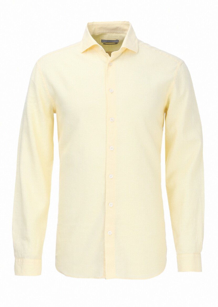 Yellow Plain Regular Fit Weaving Casual Cotton Blended Shirt - 5