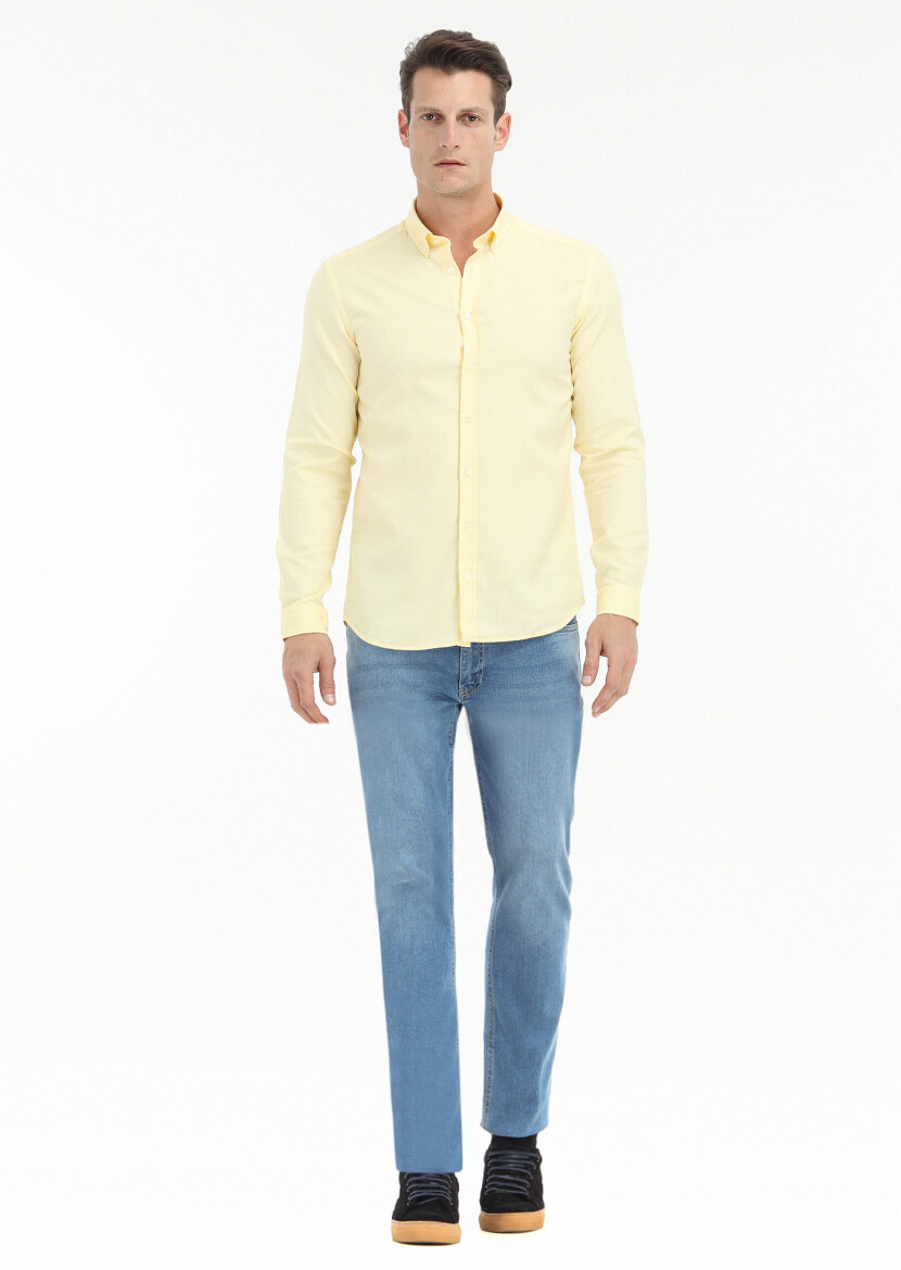 Yellow Plain Slim Fit Long Weaving Casual 100% Cotton Shirt - 1