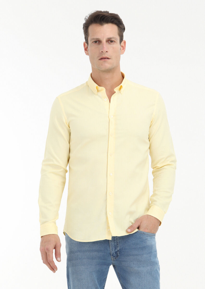 Yellow Plain Slim Fit Long Weaving Casual 100% Cotton Shirt - 2