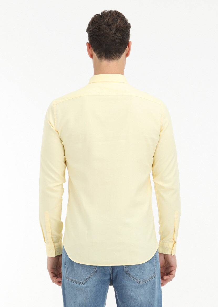 Yellow Plain Slim Fit Long Weaving Casual 100% Cotton Shirt - 4