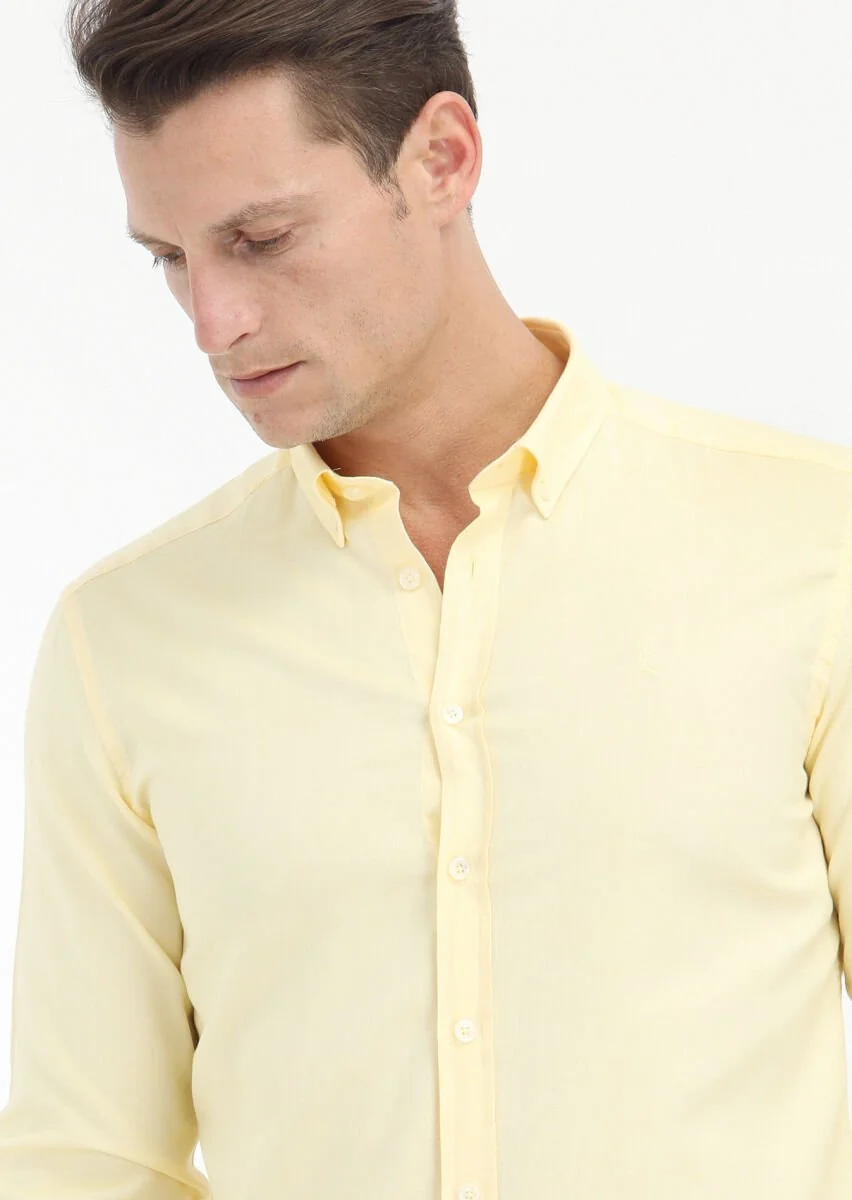 Yellow Plain Slim Fit Weaving Casual 100% Cotton Shirt - 3