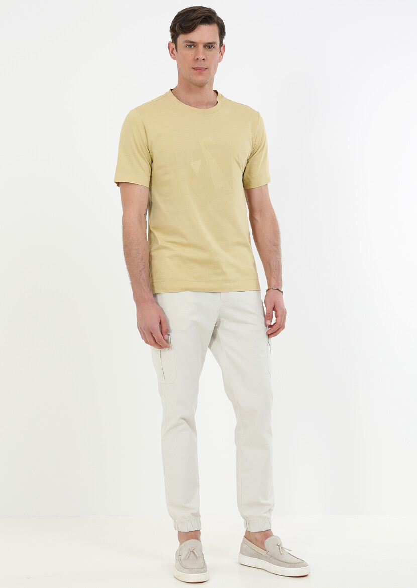 Yellow Printed Crew Neck Cotton Blended T-Shirt 