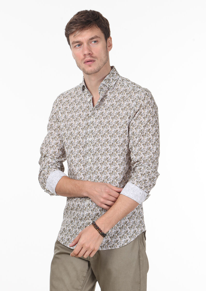 Yellow Printed Regular Fit Long Weaving Casual 100% Cotton Shirt - 1
