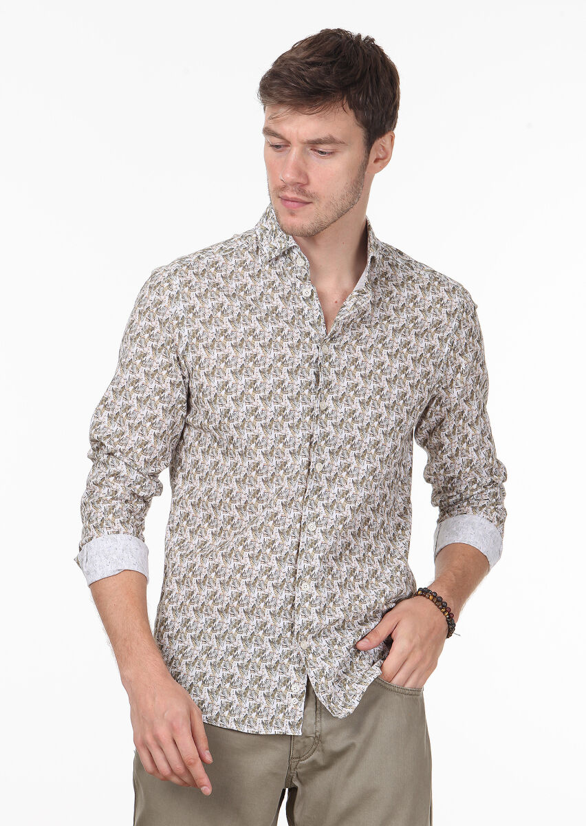 Yellow Printed Regular Fit Long Weaving Casual 100% Cotton Shirt - 2