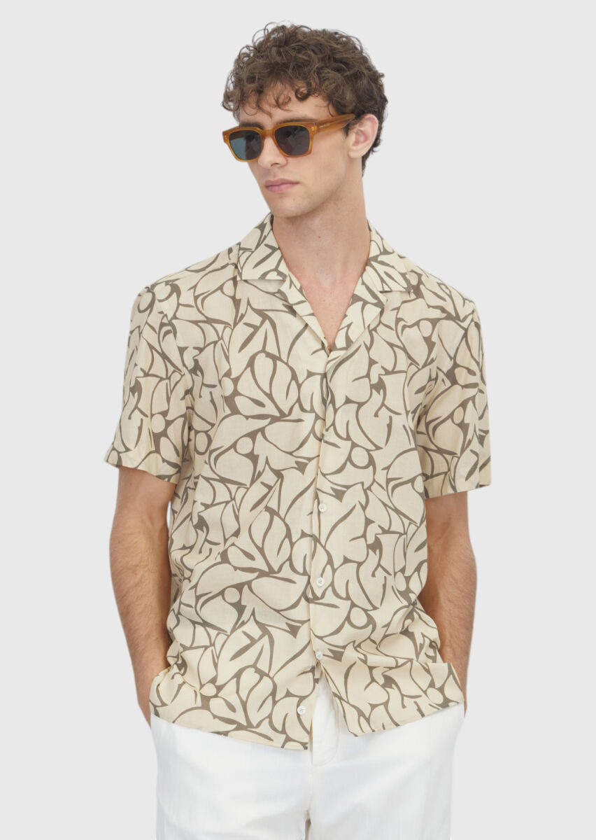 Yellow Printed Regular Fit Short Weaving Casual 100% Cotton Shirt - 1