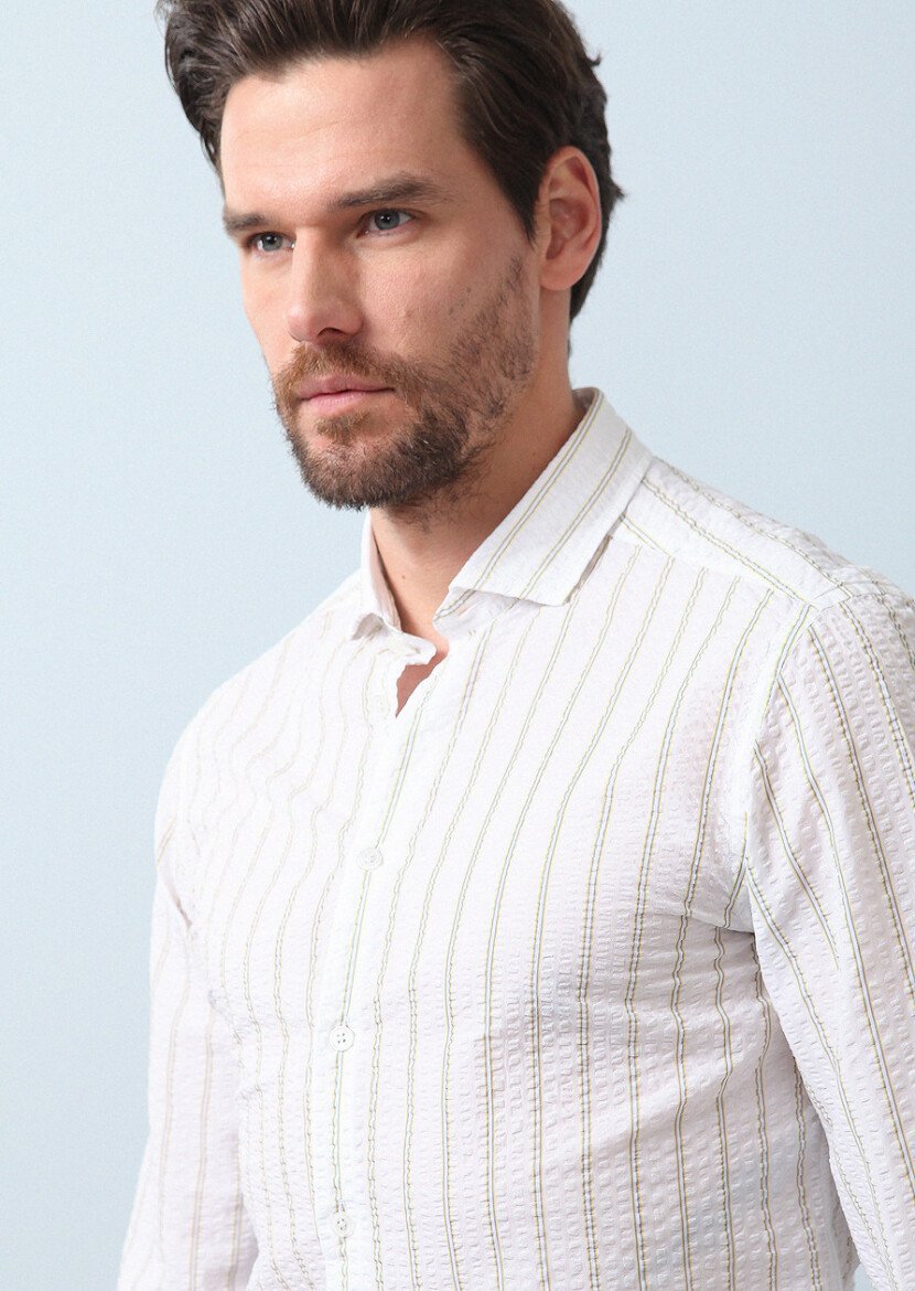 Yellow Printed Slim Fit Weaving Casual 100% Cotton Shirt - 1