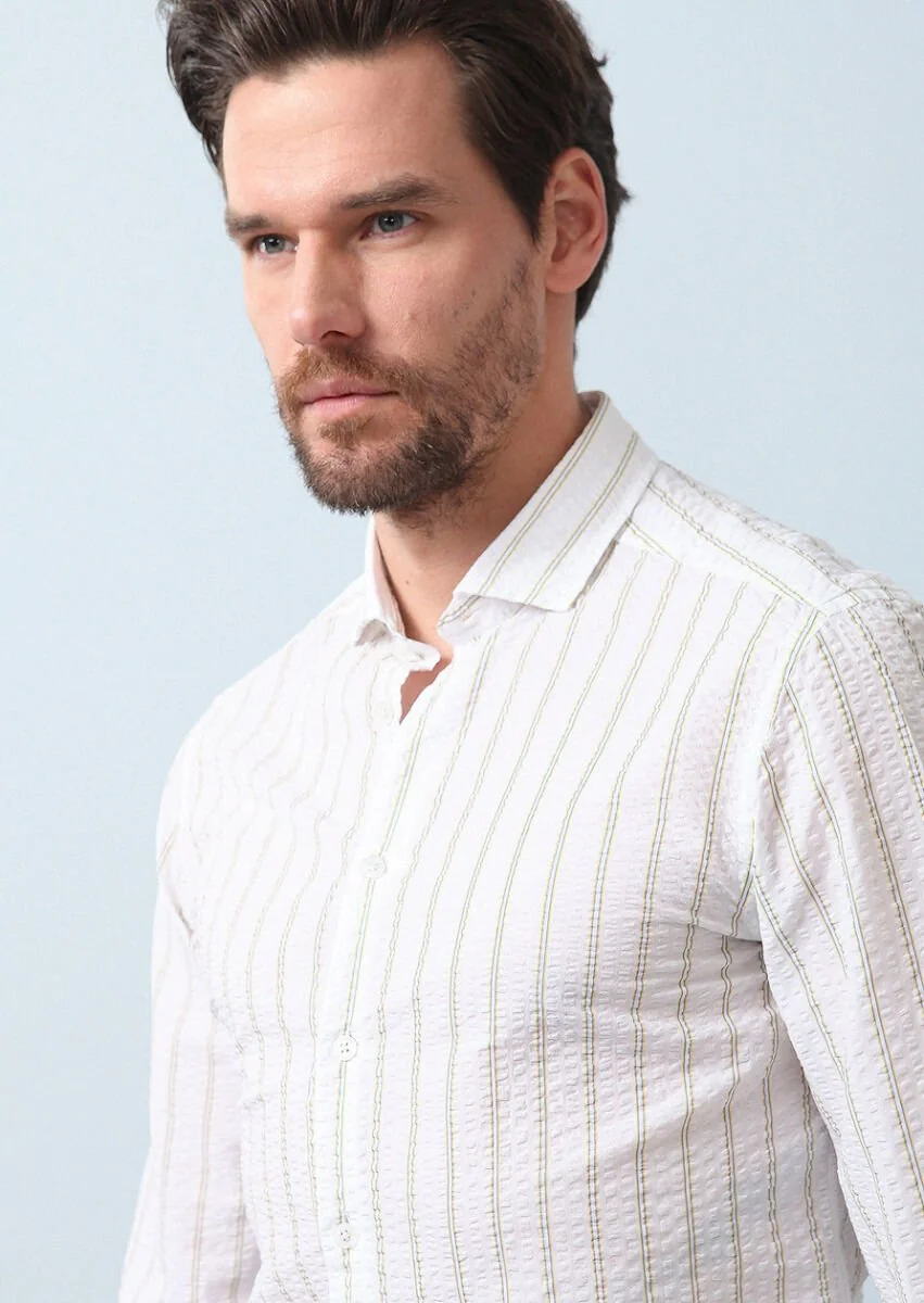 Yellow Printed Slim Fit Weaving Casual 100% Cotton Shirt - 1