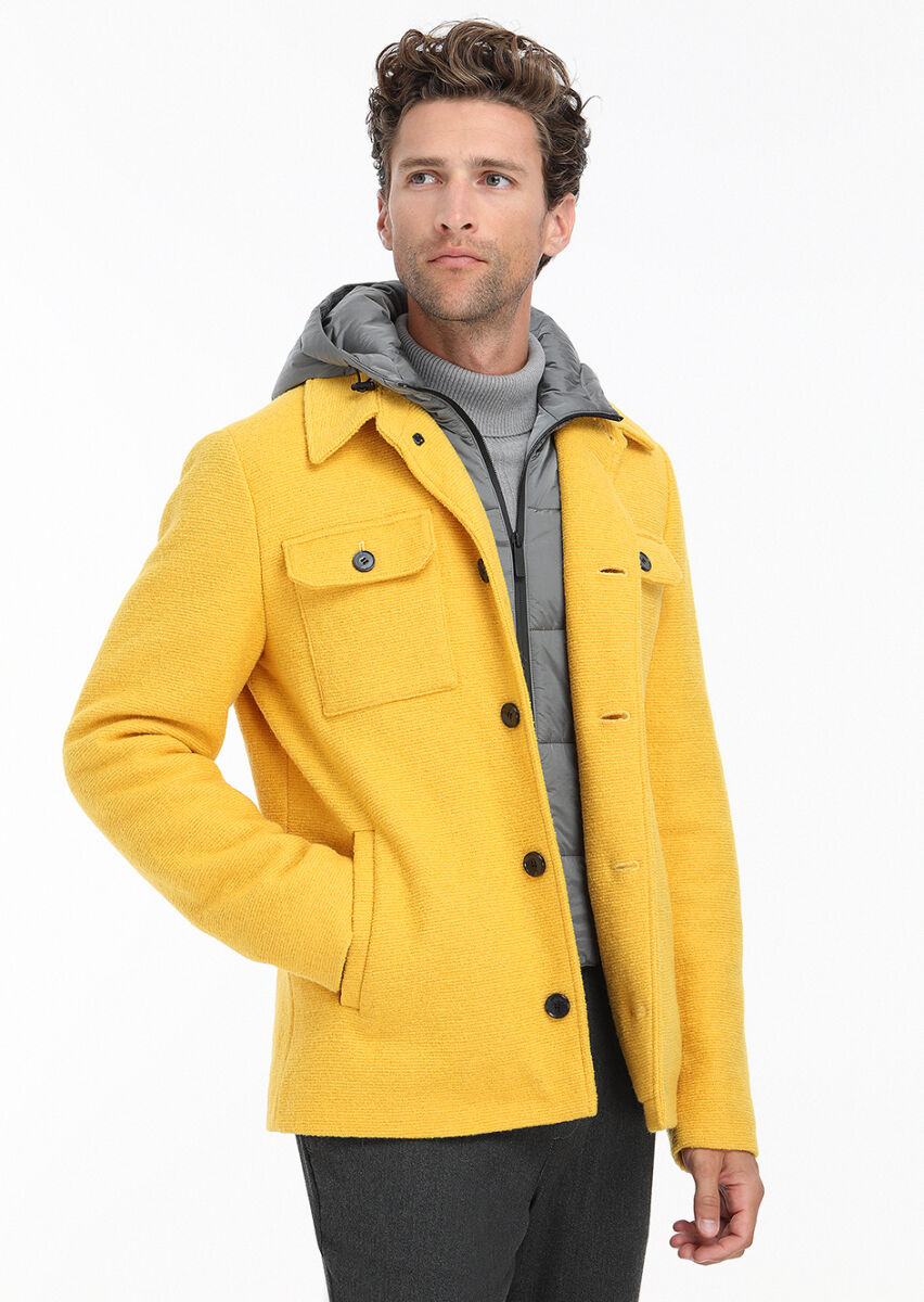 Yellow Regular Fit Shirt Collar Casual Knitting Removable Hood Coat - 2