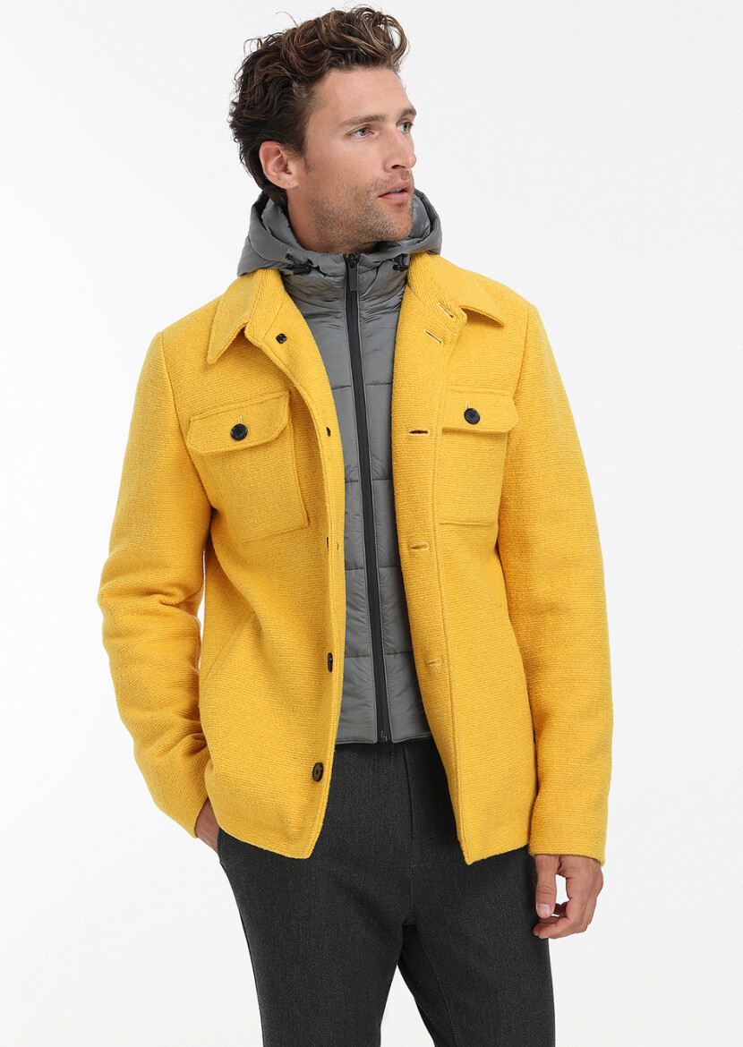 Yellow Regular Fit Shirt Collar Casual Knitting Removable Hood Coat - 3