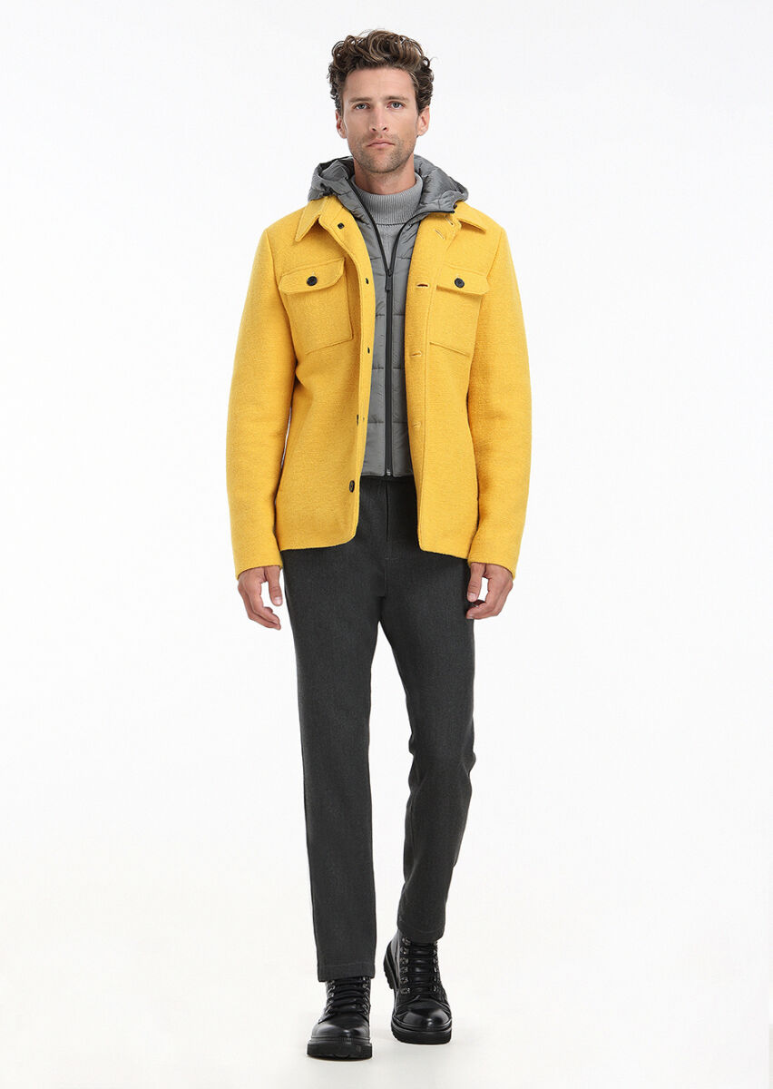 Yellow Regular Fit Shirt Collar Casual Knitting Removable Hood Coat - 6