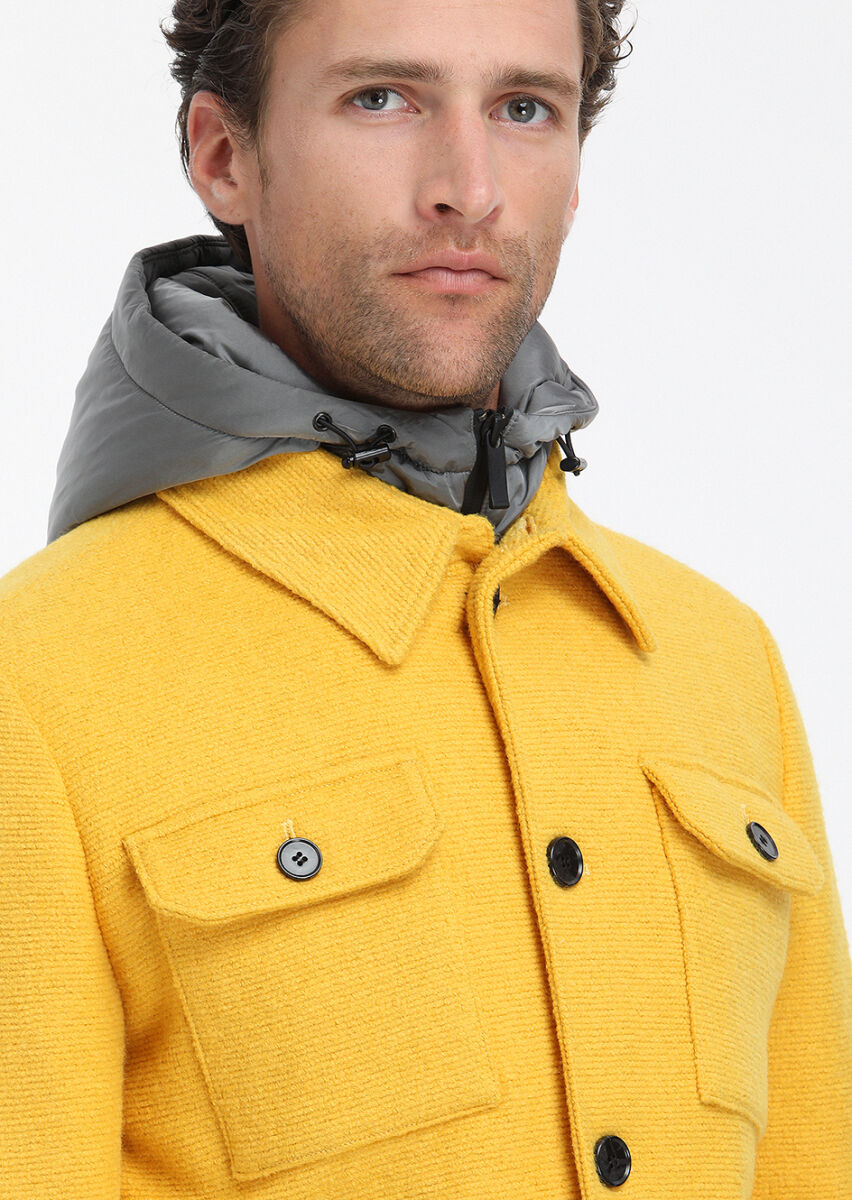 Yellow Regular Fit Shirt Collar Casual Knitting Removable Hood Coat - 7