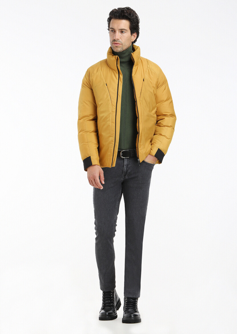 Yellow Regular Fit Turtleneck Casual Weaving Coat - 1