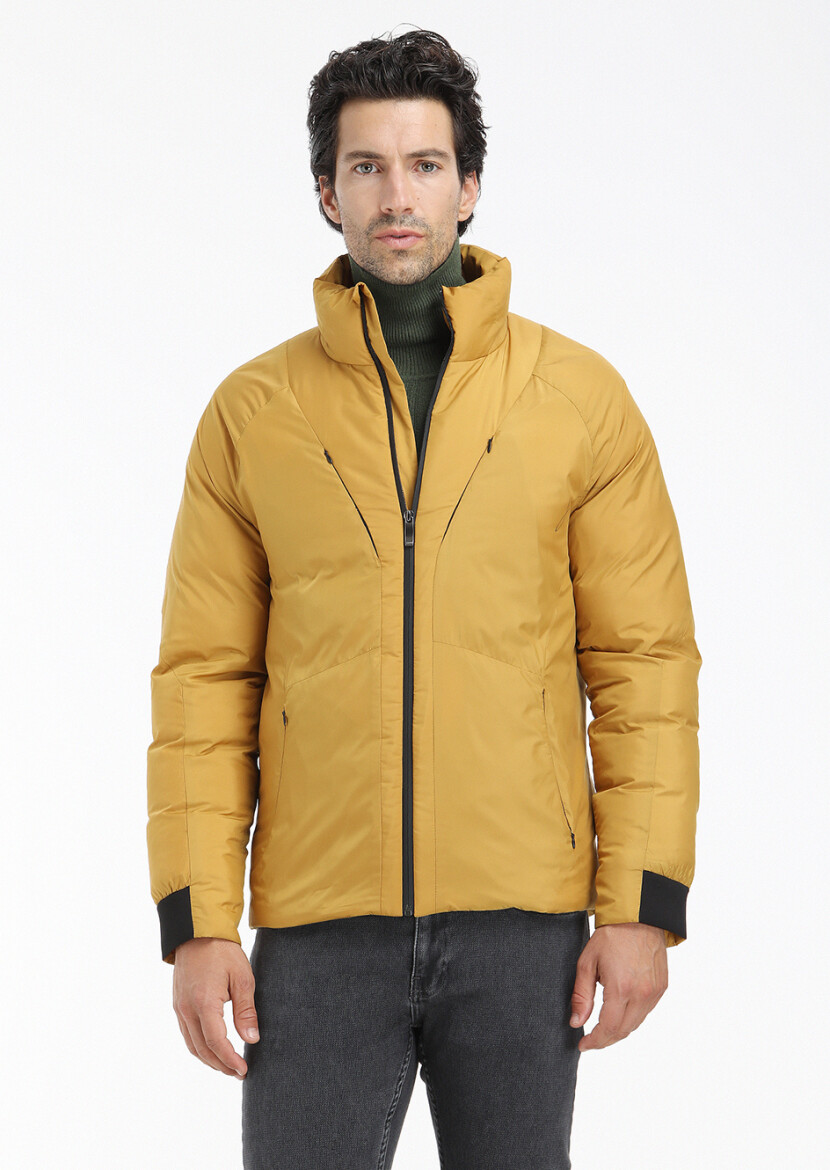 Yellow Regular Fit Turtleneck Casual Weaving Coat - 2