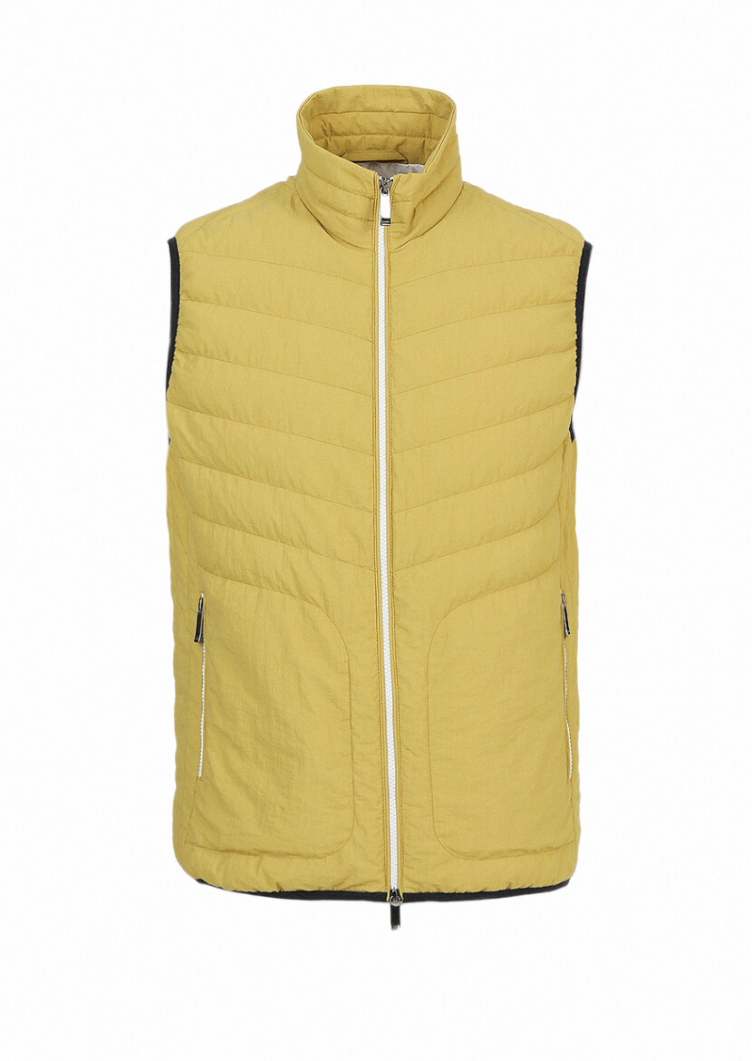Yellow Regular Fit Turtleneck Casual Weaving Puffer Vest 