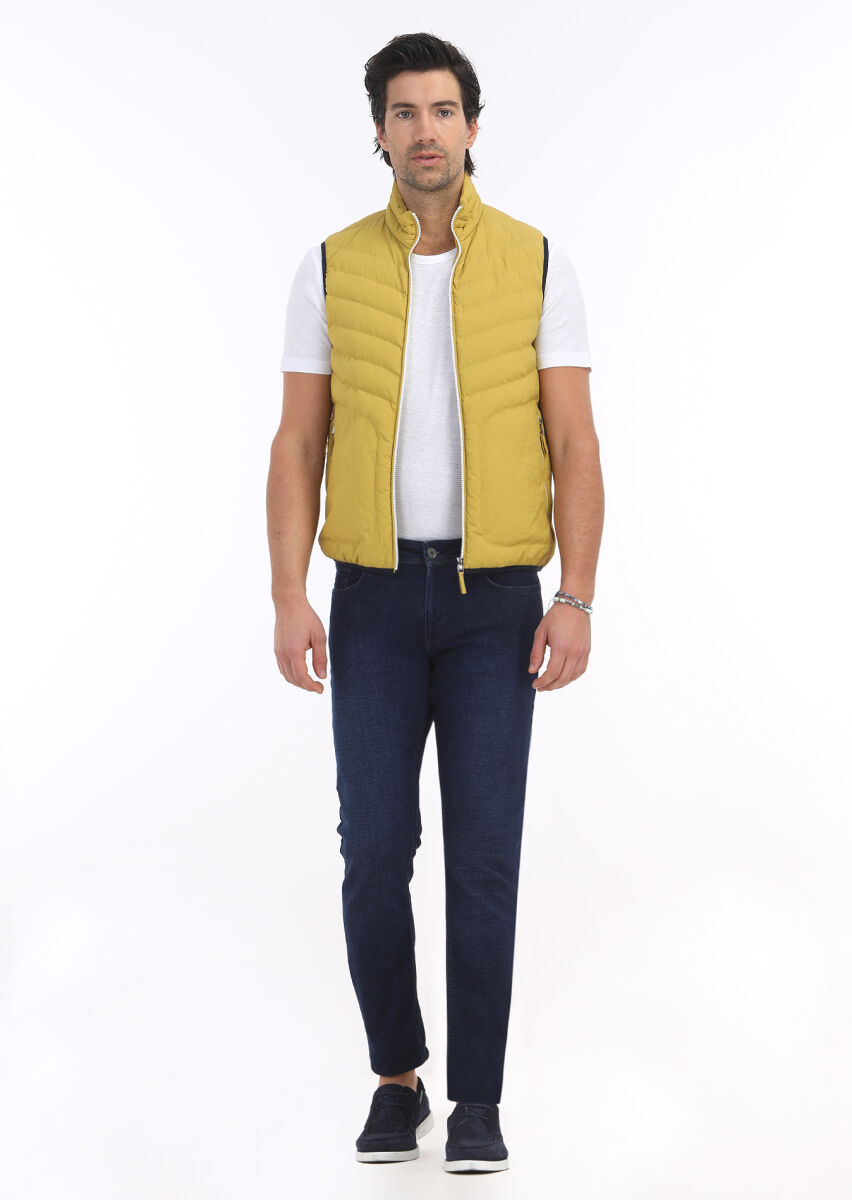 Yellow Regular Fit Turtleneck Casual Weaving Puffer Vest - 1