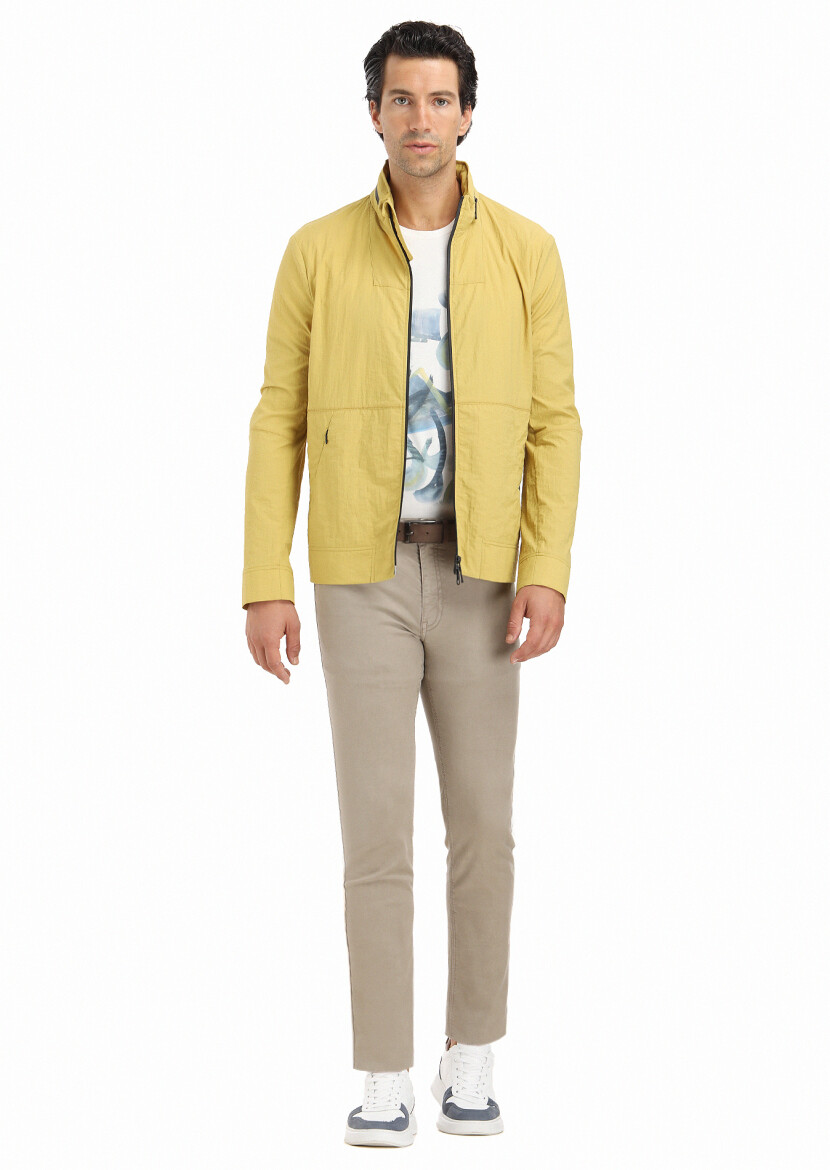 Yellow Regular Fit Turtleneck Casual Weaving Removable Hood Coat - 1