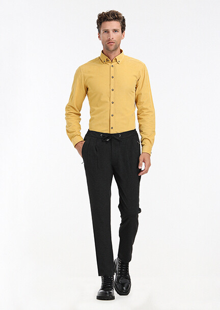 Yellow Ribbed Regular Fit Long Weaving Casual 100% Cotton Shirt - 1