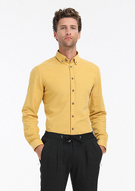 Yellow Ribbed Regular Fit Long Weaving Casual 100% Cotton Shirt 
