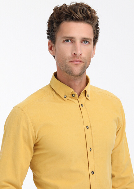 Yellow Ribbed Regular Fit Long Weaving Casual 100% Cotton Shirt - 3