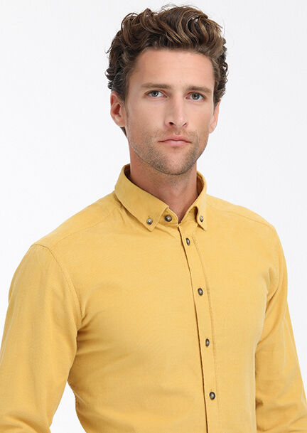Yellow Ribbed Regular Fit Long Weaving Casual 100% Cotton Shirt - 3