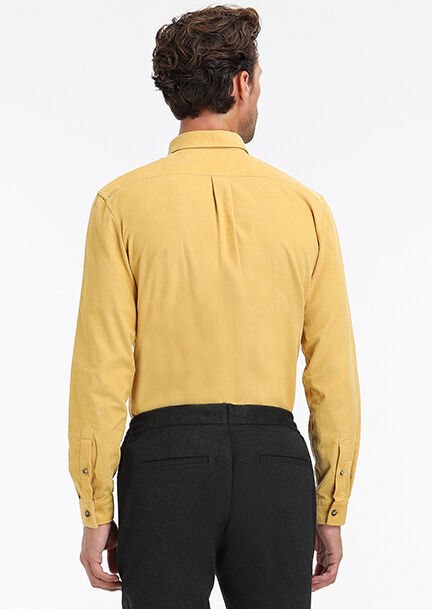 Yellow Ribbed Regular Fit Long Weaving Casual 100% Cotton Shirt - 5