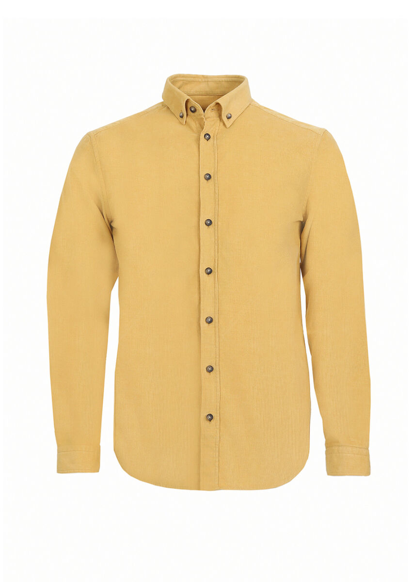 Yellow Ribbed Regular Fit Long Weaving Casual 100% Cotton Shirt - 6
