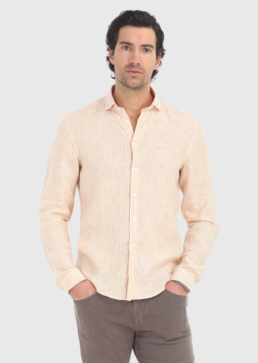 Yellow Striped Regular Fit Long Weaving Casual 100% Linen Shirt - 2