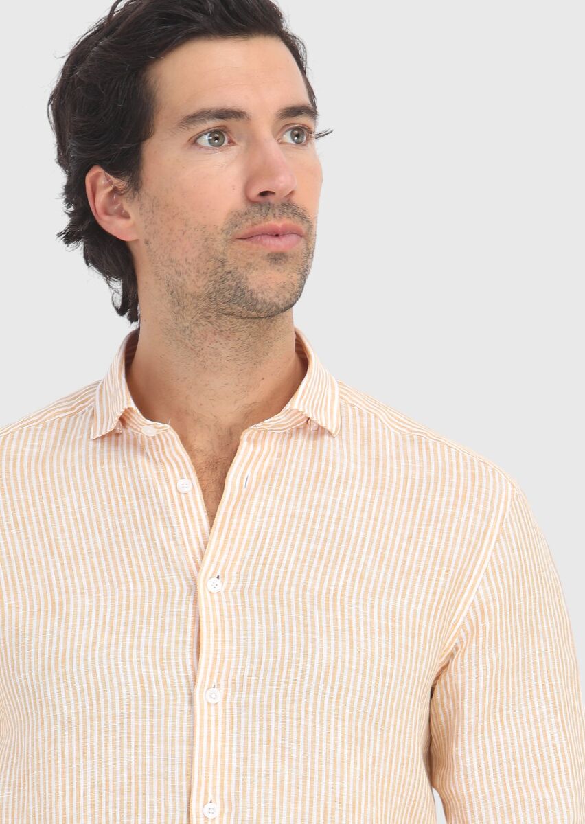 Yellow Striped Regular Fit Long Weaving Casual 100% Linen Shirt - 3