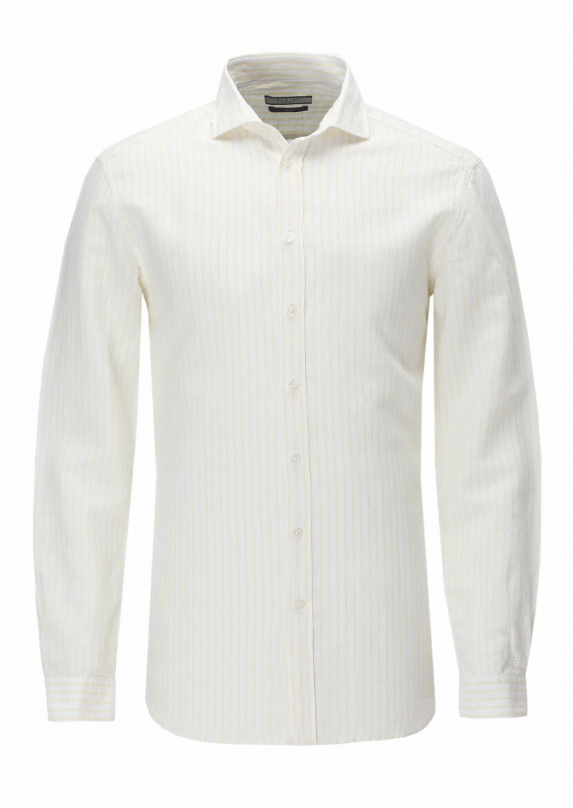 Yellow Striped Regular Fit Long Weaving Casual Cotton Blended Shirt 