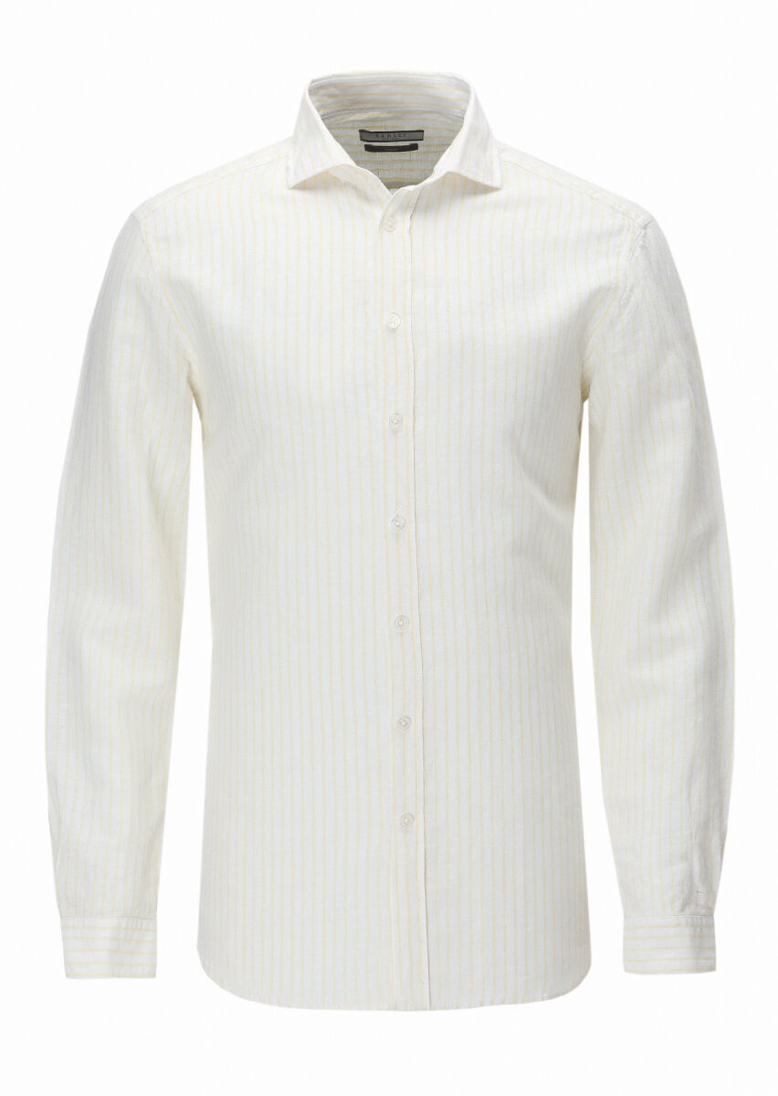 Yellow Striped Regular Fit Long Weaving Casual Cotton Blended Shirt - 1