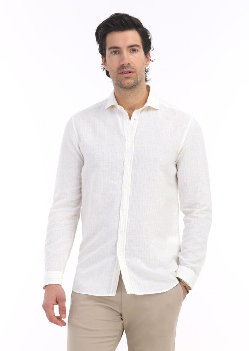 Yellow Striped Regular Fit Weaving Casual Cotton Blended Shirt - 2