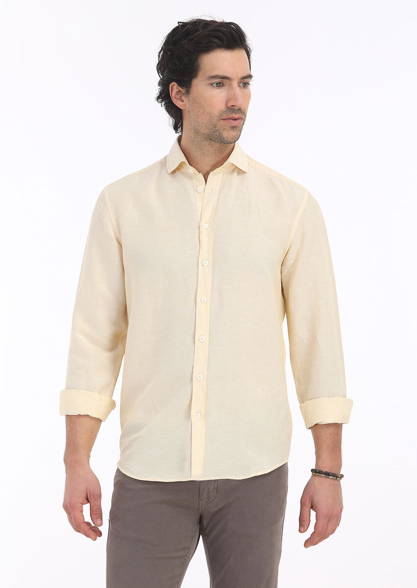 Yellow Striped Regular Fit Weaving Casual Linen Blended Shirt - 2