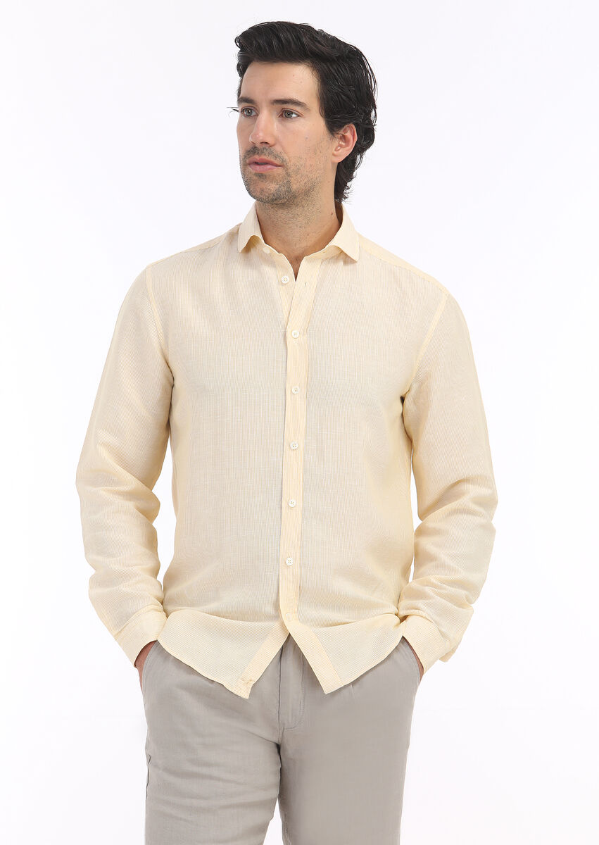 Yellow Striped Regular Fit Weaving Casual Linen Blended Shirt - 3