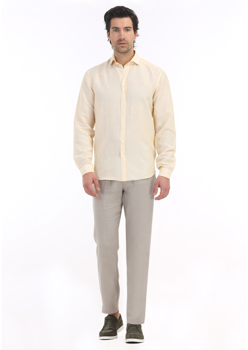 Yellow Striped Regular Fit Weaving Casual Linen Blended Shirt - 1