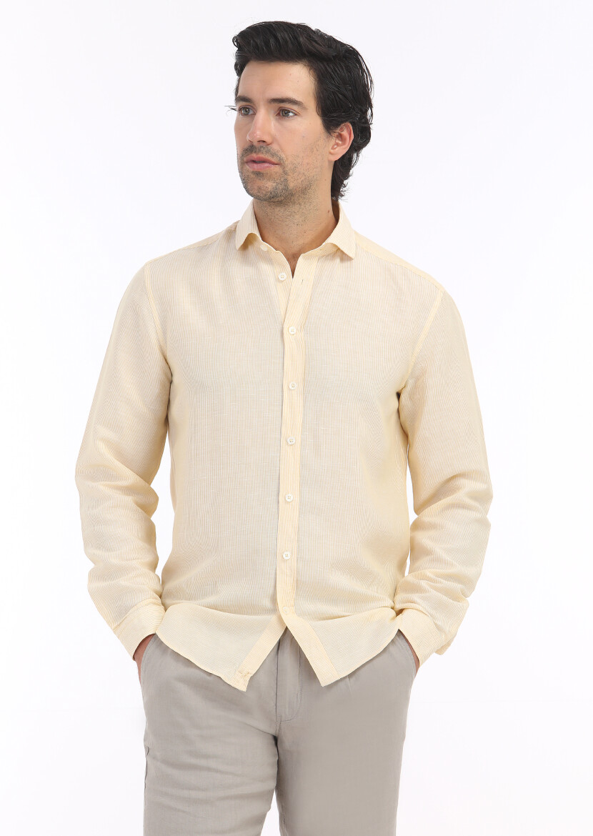 Yellow Striped Regular Fit Weaving Casual Linen Blended Shirt - 3