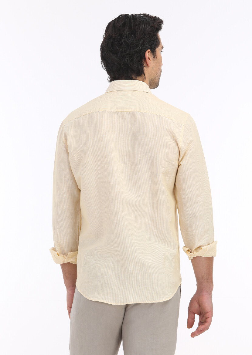 Yellow Striped Regular Fit Weaving Casual Linen Blended Shirt - 5