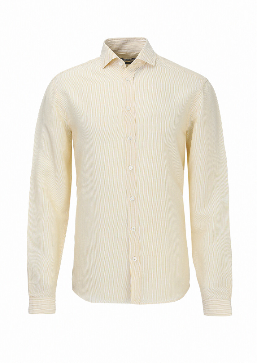 Yellow Striped Regular Fit Weaving Casual Linen Blended Shirt - 6