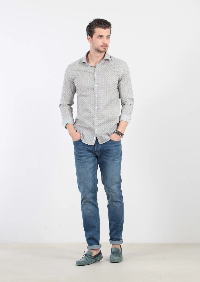 Yeşil Baskılı Fitted Fit Dokuma Casual %100 Pamuk Gömlek 