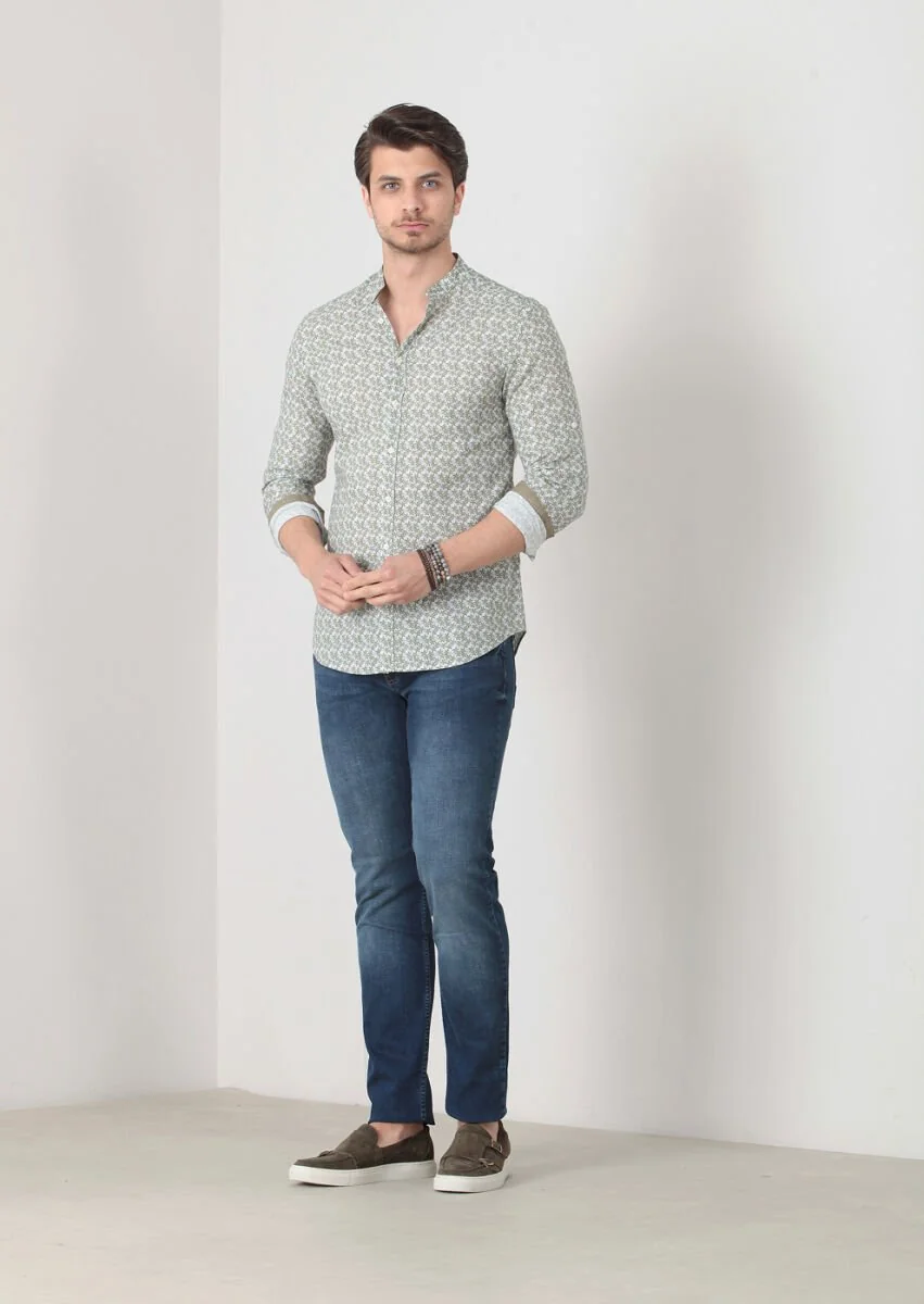 Yeşil Baskılı Fitted Fit Dokuma Casual %100 Pamuk Gömlek - 1
