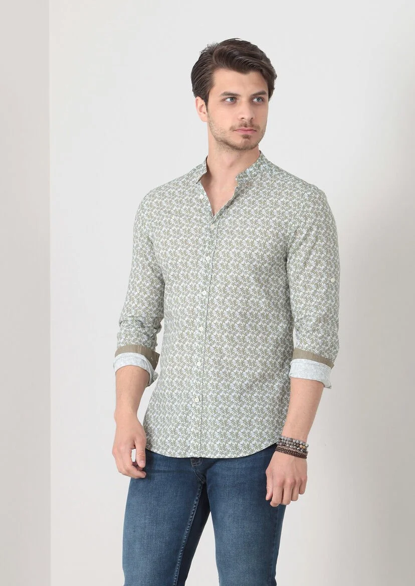 Yeşil Baskılı Fitted Fit Dokuma Casual %100 Pamuk Gömlek - 2