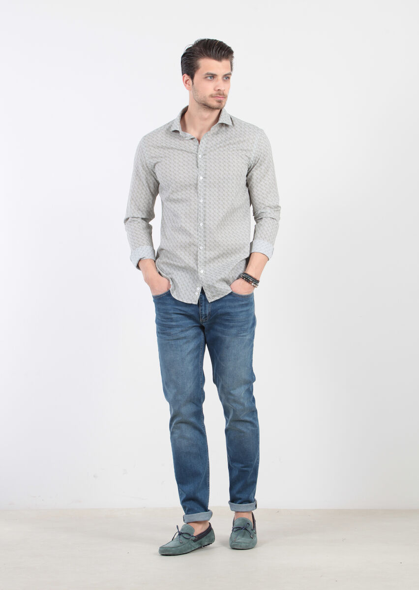 Yeşil Baskılı Fitted Fit Uzun Dokuma Casual %100 Pamuk Gömlek - 2