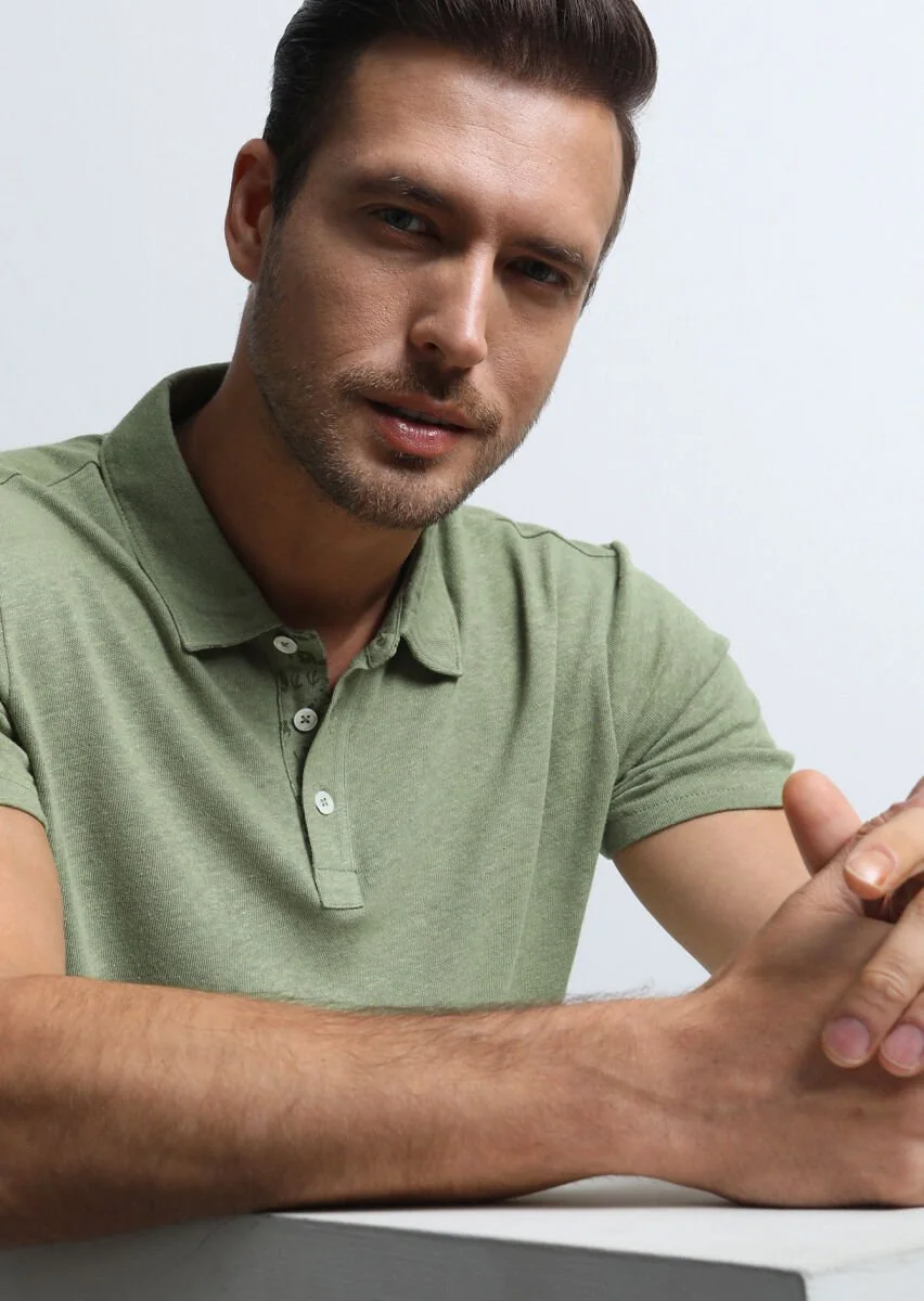 Yeşil Baskılı Polo Yaka Pamuk Karışımlı T-Shirt - 1