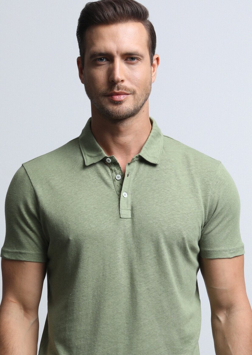 Yeşil Baskılı Polo Yaka Pamuk Karışımlı T-Shirt 