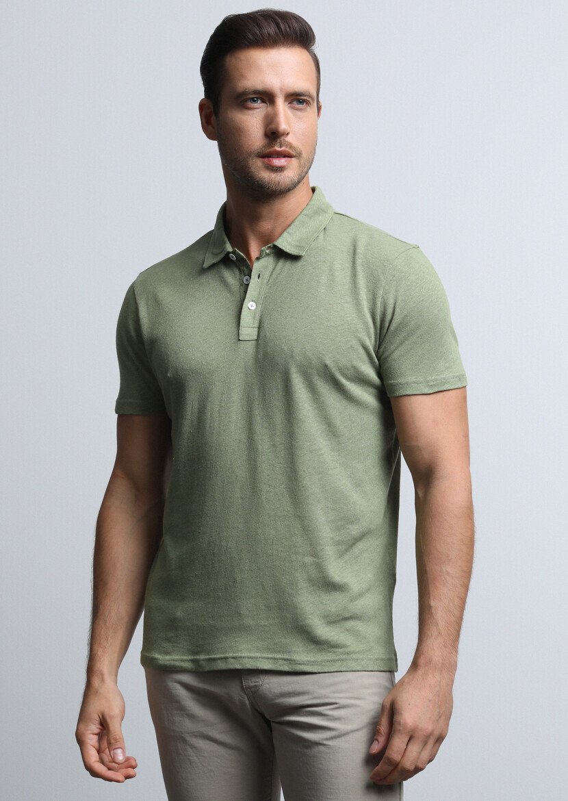 Yeşil Baskılı Polo Yaka Pamuk Karışımlı T-Shirt - 3