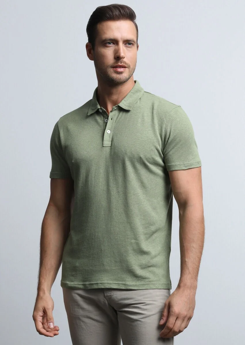 Yeşil Baskılı Polo Yaka Pamuk Karışımlı T-Shirt - 3