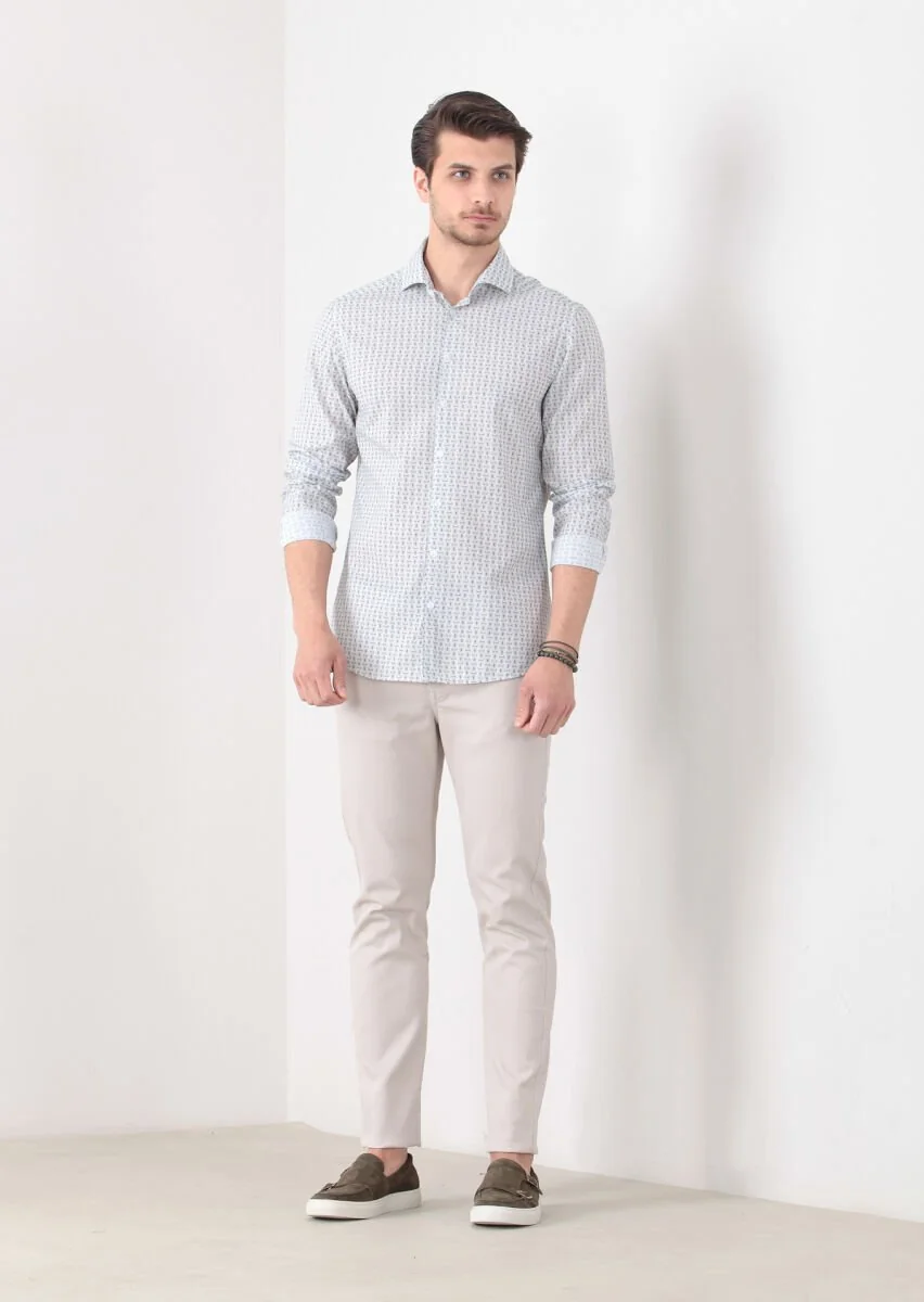 Yeşil Baskılı Slim Fit Dokuma Casual %100 Pamuk Gömlek - 1
